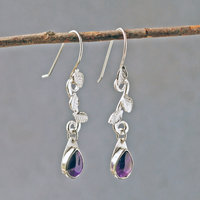 Amethyst Drop Earrings with Silver Leaves, hanging side view