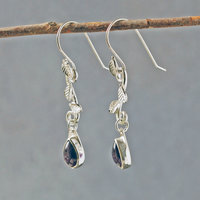Amethyst Drop Earrings with Silver Leaves, hanging side view