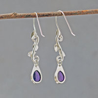Amethyst Drop Earrings with Silver Leaves, hanging back view