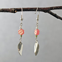 Pink Czech Glass Flower earrings with Silver Leaves