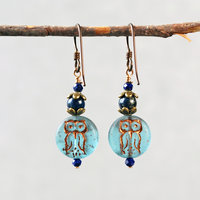 Blue Czech Glass Owl Earrings with Lapis Lazuli