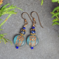 Blue Czech Glass Owl Earrings with Lapis Lazuli