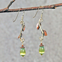 Silver Earrings with Copper Leaves, Czech Glass Drops