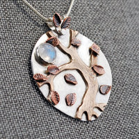 Autumn Tree Pendant, Silver, Copper, Bronze, Moonstone