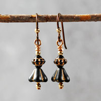 Czech Glass Earrings, Black and Gold