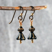 Czech Glass Earrings, Black and Gold