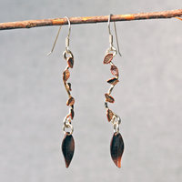 Long Silver Earrings with Copper Leaves