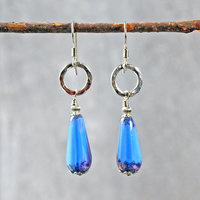 Silver, Blue Czech Glass Drop Earrings