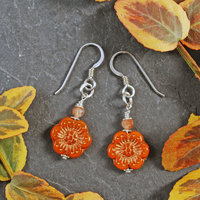 Orange Czech Glass Flower Earrings, Sterling Silver