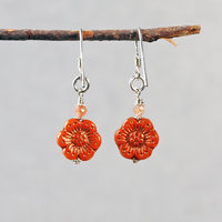 Orange Czech Glass Flower Earrings, Sterling Silver