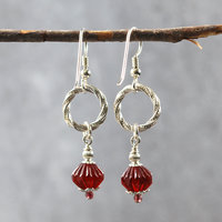 Silver and Red Czech Glass Bead Earrings
