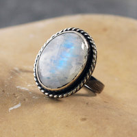 Siliver Rainbow Moonstone Ring, Size 8.5