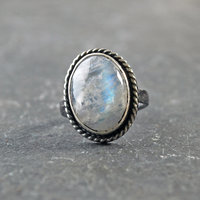 Siliver Rainbow Moonstone Ring, Size 8.5