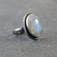 Siliver Rainbow Moonstone Ring, Size 8.5
