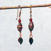 Czech Glass and Garnet Earrings with Copper Leaves