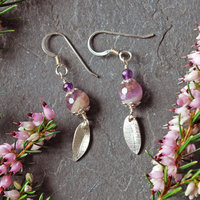 Amethyst Bead Earrings with Silver Leaves