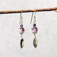 Amethyst Bead Earrings with Silver Leaves