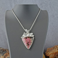 Pink Rhodonite Pendant with Silver Leaves
