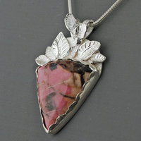 Pink Rhodonite Pendant with Silver Leaves