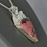 Pink Rhodonite Pendant with Silver Leaves