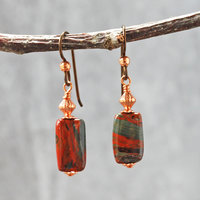 Dangling earrings with flame jasper and copper beads hanging