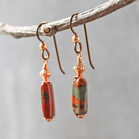 Dangling earrings with flame jasper and copper beads hanging backs