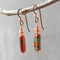 Dangling earrings with flame jasper and copper beads hanging