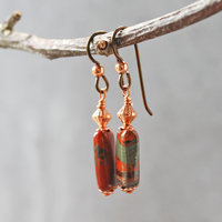 Dangling earrings with flame jasper and copper beads hanging