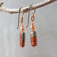 Dangling earrings with flame jasper and copper beads hanging