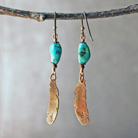 Turquoise earrings with copper feathers