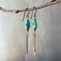 Turquoise earrings with copper feathers