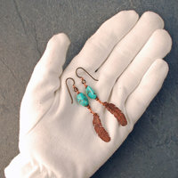 Turquoise earrings with copper feathers