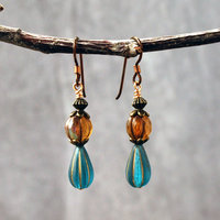 Dangling earrings with Czech Glass amber and blue beads hanging