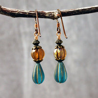 Dangling earrings with Czech Glass amber and blue beads hanging