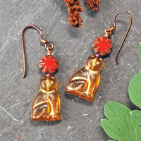 Czech Glass Cat Earrings with Red Flower
