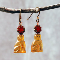Czech Glass Cat Earrings with Red Flower
