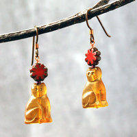 Czech Glass Cat Earrings with Red Flower