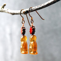 Czech Glass Cat Earrings with Red Flower