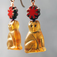 Czech Glass Cat Earrings with Red Flower
