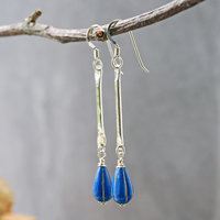 Silver Dangle Earrings with Blue Czech Glass