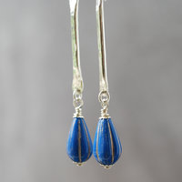 Silver Dangle Earrings with Blue Czech Glass