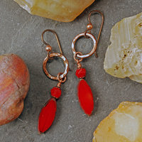 Hammered Copper Earrings, Red Czech Glass Dangles