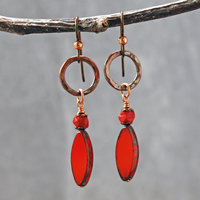 Hammered Copper Earrings, Red Czech Glass Dangles