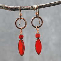 Hammered Copper Earrings, Red Czech Glass Dangles