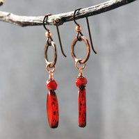 Hammered Copper Earrings, Red Czech Glass Dangles