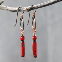 Hammered Copper Earrings, Red Czech Glass Dangles