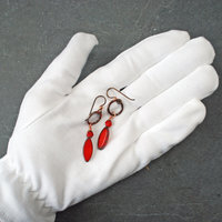 Hammered Copper Earrings, Red Czech Glass Dangles
