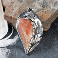 Flamingo Agate Pendant with Silver Feather