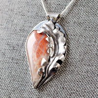 Flamingo Agate Pendant with Silver Feather