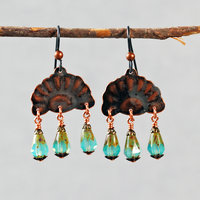 Copper Rising Sun Earrings, Czech Glass Dangles